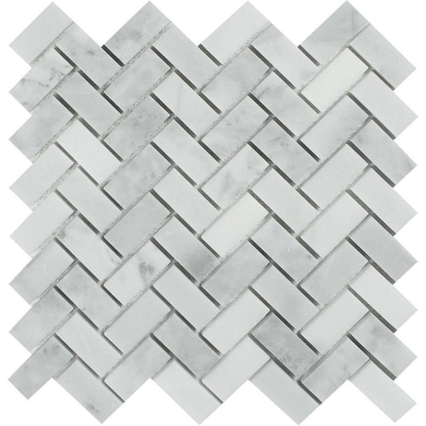1x2 Honed Bianco Mare Marble Herringbone Mosaic Tile