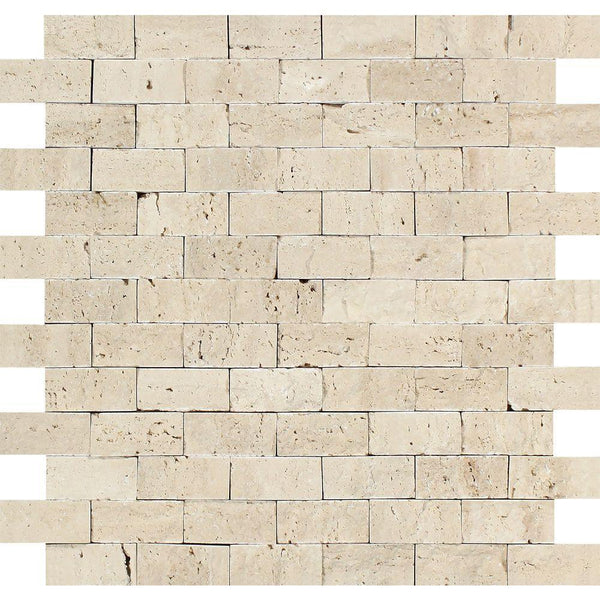 1x2 Split-faced Ivory Travertine Brick Mosaic Tile