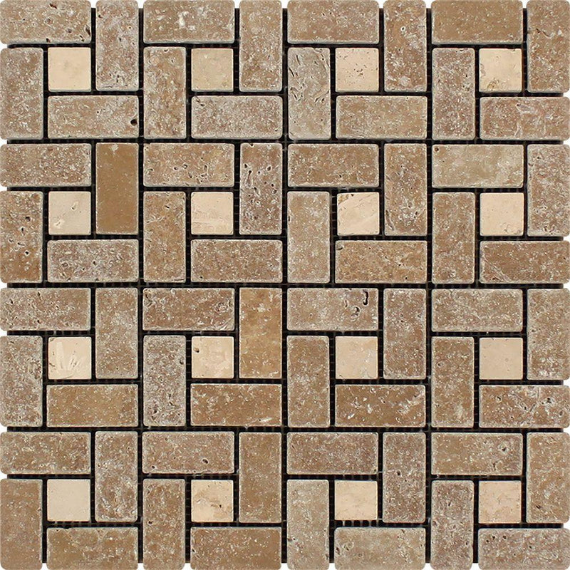 1x2 Tumbled Noce Travertine Large Pinwheel Mosaic Tile w/ Ivory Dots