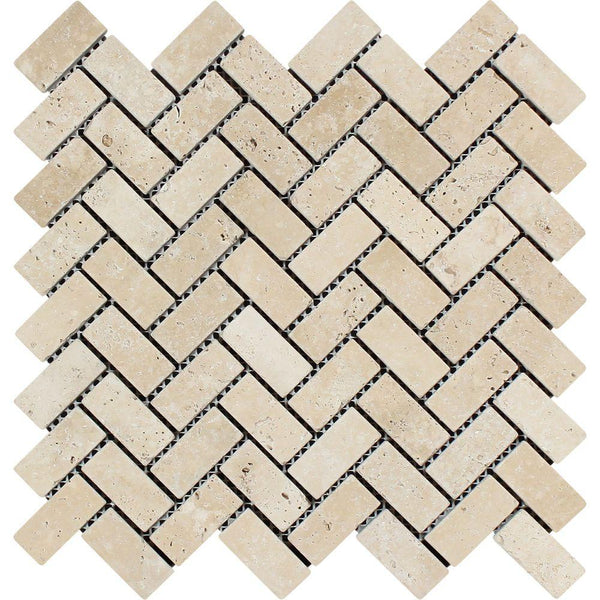 1x2 Tumbled Ivory Travertine Herringbone Mosaic Tile