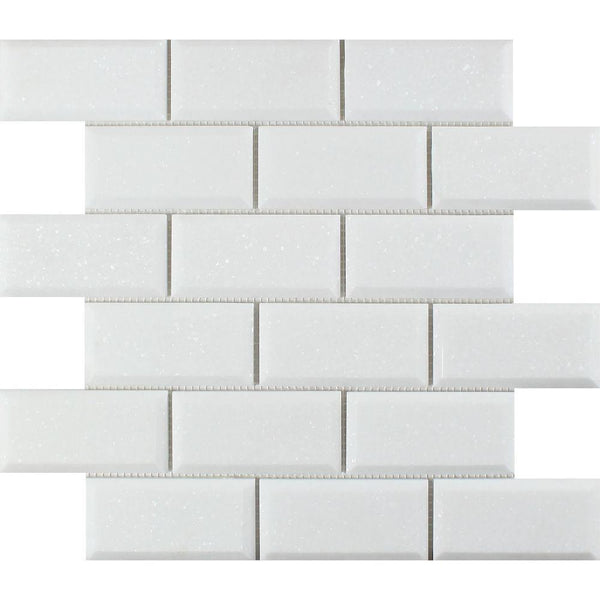 2x4 Honed Thassos White Marble Deep-Beveled Brick Mosaic Tile