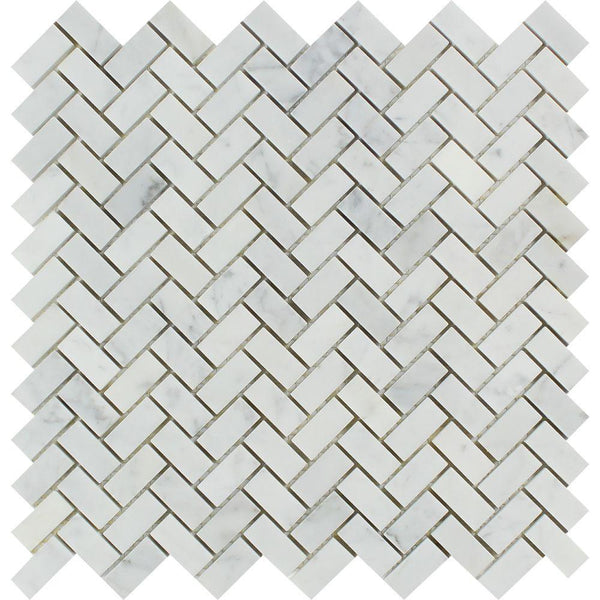 5/8x1 1/4 Honed Bianco Carrara Marble Mini Herringbone Mosaic Tile