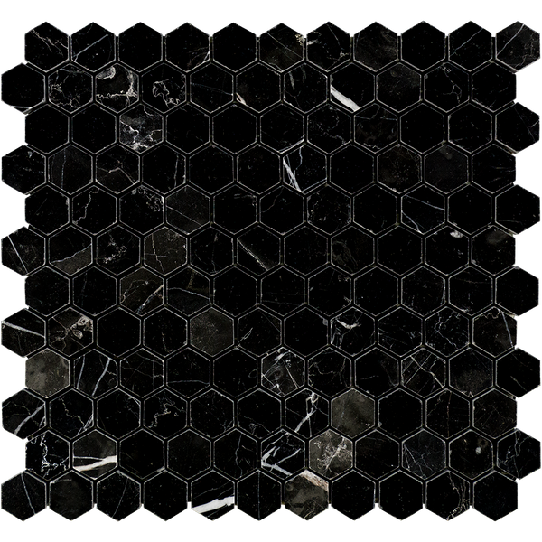 12x12 Nero Marquina 1" Hexagon Mosaic Tile ( POLISHED )