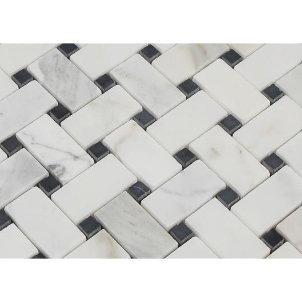 Calacatta Gold Honed Marble Basketweave Mosaic Tile w/ Black Dots