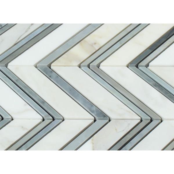 Calacatta Gold Polished Marble Large Chevron Mosaic Tile w/ Blue-Gray Strips