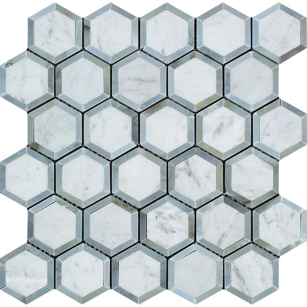 2x2 Honed Bianco Carrara Marble Vortex Hexagon Mosaic Tile (w/ Blue-Gray)