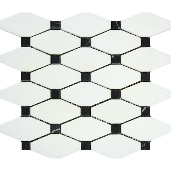 Thassos White Polished Marble Octave Mosaic Tile w/ Black Dots