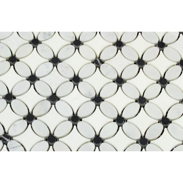 Thassos White Honed Marble Florida Flower Mosaic Tile (Carrara + Thassos (Oval) + Black (Dots))