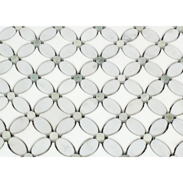 Thassos White Honed Marble Florida Flower Mosaic Tile (Carrara + Thassos (Oval) + Ming Green (Dots))