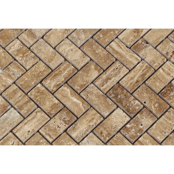 1 x 2 Unfilled Polished Noce Exotic (Vein-Cut) Travertine Herringbone Mosaic Tile