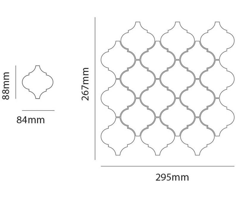 10.51x11.61 SNOW WHITE ARABESQUE PORCELAIN TILE Dimensions