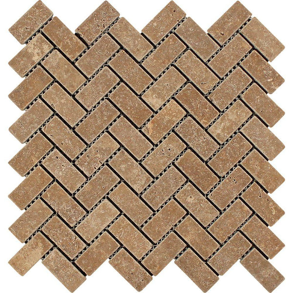 1x2 Tumbled Noce Travertine Herringbone Mosaic Tile