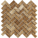 1x2 Unfilled Brushed Noce Exotic (Vein-Cut) Travertine Herringbone Mosaic Tile