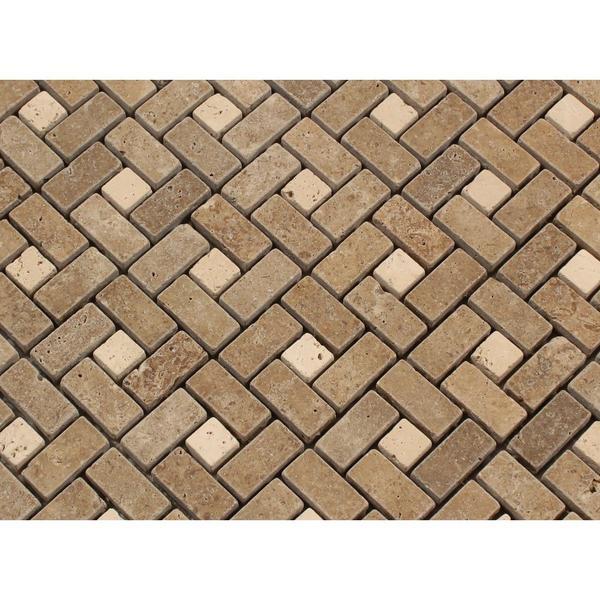 5/8 x 1 1/4 Tumbled Noce Travertine Mini Pinwheel Mosaic Tile w/ Ivory Dots