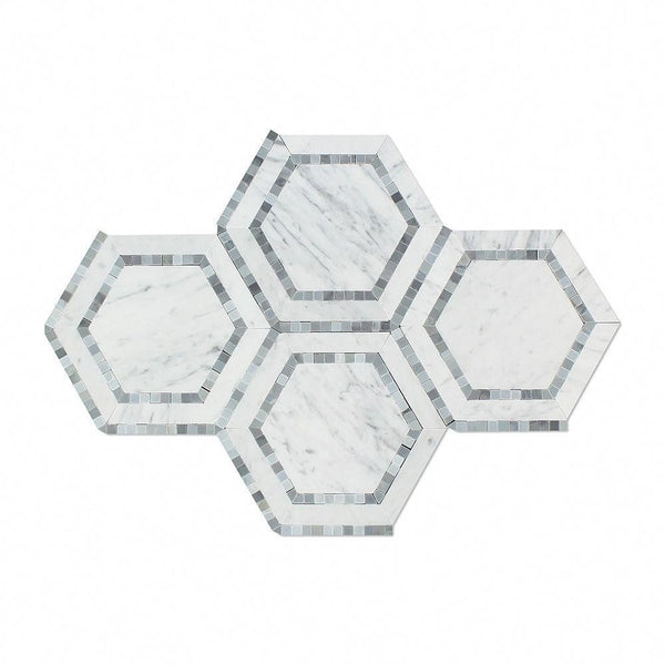 5x5 Polished Bianco Carrara Marble Hexagon Mosaic Tile (w/ Blue-Gray)