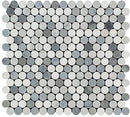 Bianco Carrara Polished Marble Penny Round Mosaic Tile (Carrara + Thassos + Blue)
