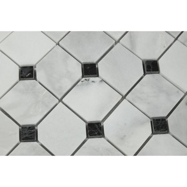 Bianco Mare Polished Marble Octagon Mosaic Tile w/ Black Dots