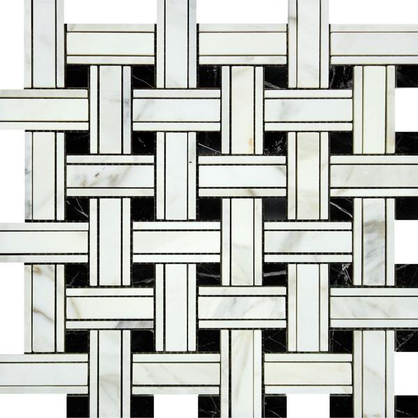 Calacatta Gold Polished Marble Tripleweave Mosaic Tile w/ Black Dots