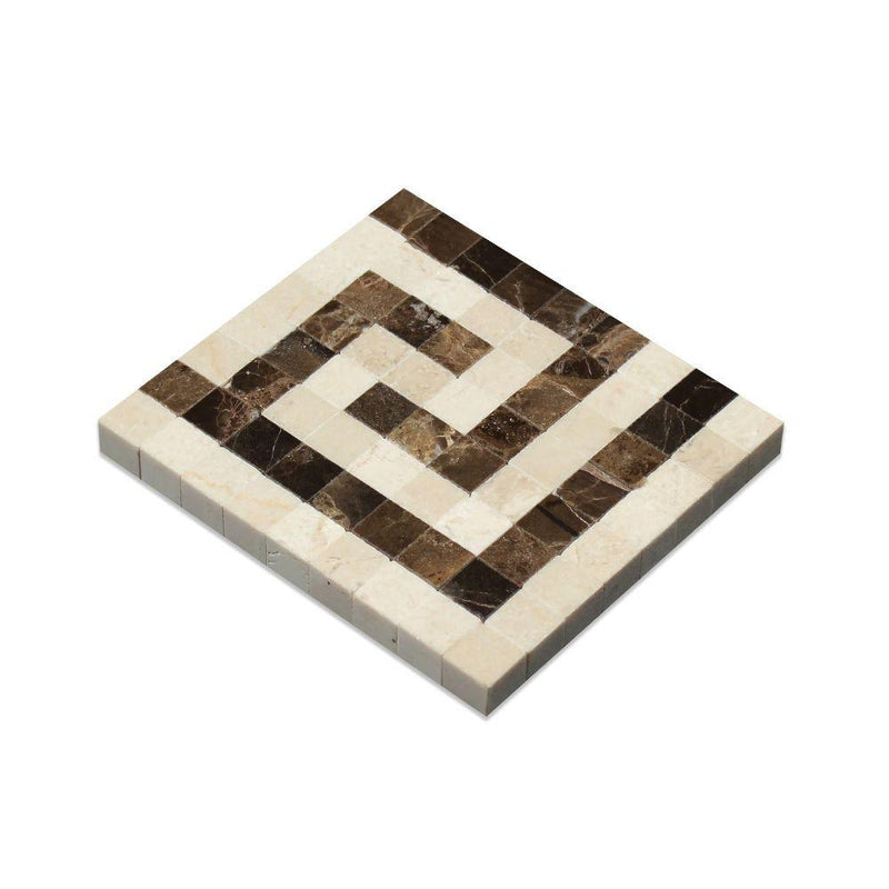 Crema Marfil Polished Marble Greek Key Corner (Crema Marfil + Emp. Dark)