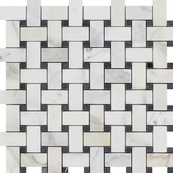 Calacatta Gold Honed Marble Basketweave Mosaic Tile w/ Black Dots