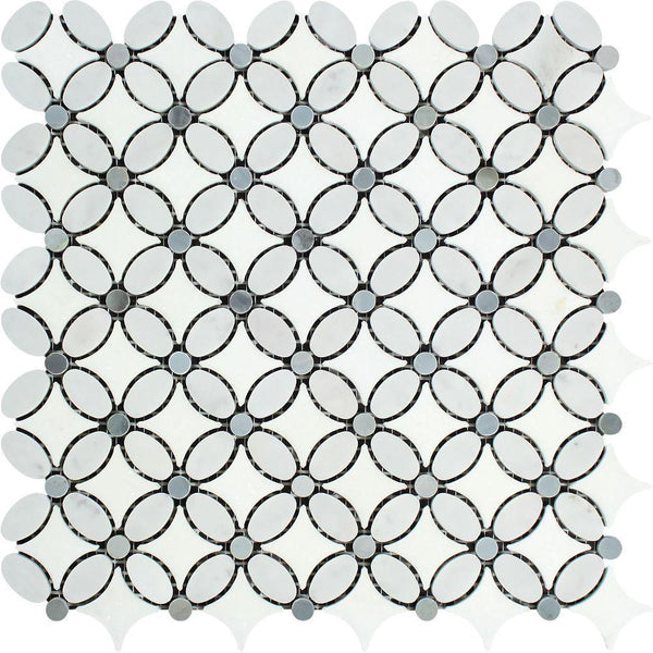 Bianco Carrara Honed Marble Florida Flower Mosaic Tile (Thassos + Carrara (Oval) + Blue-Gray (Dots))