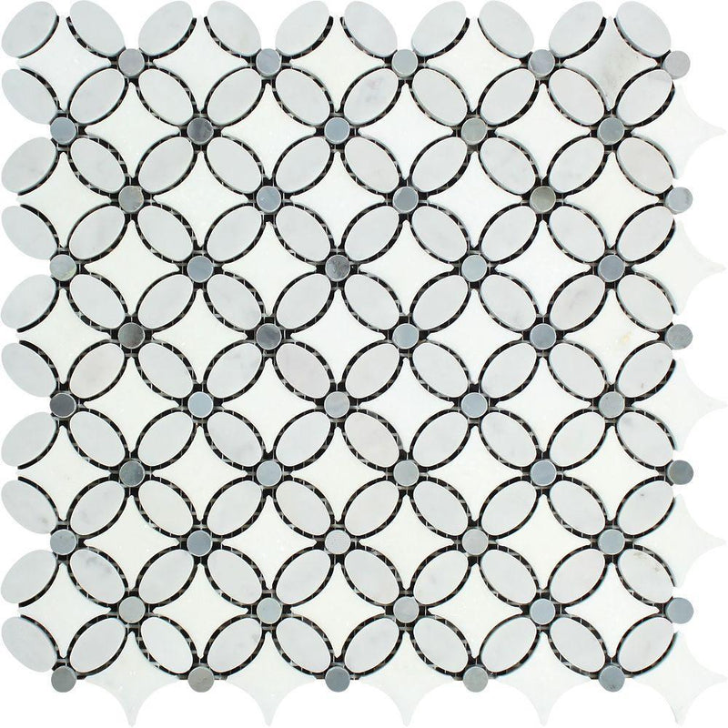 Bianco Carrara Honed Marble Florida Flower Mosaic Tile (Thassos + Carrara (Oval) + Blue-Gray (Dots))