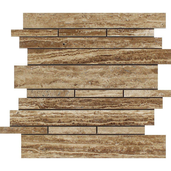 Noce Exotic (Vein-Cut) Unfilled Polished Travertine Random Strip Mosaic Tile