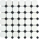 Thassos White Honed Marble Octagon Mosaic Tile w/ Black Dots