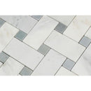 Oriental White Honed Marble Large Basketweave Mosaic Tile w/ Blue-Gray Dots