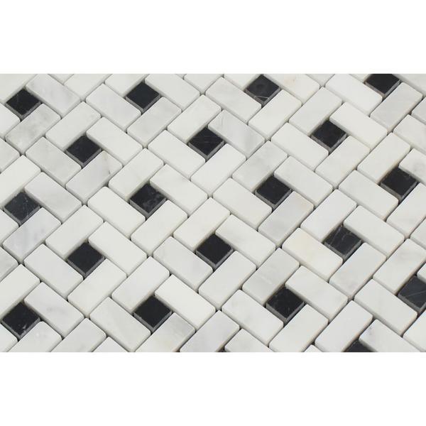 Oriental White Honed Marble Mini Pinwheel Mosaic Tile w/ Black Dots