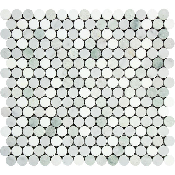 Thassos White Polished Marble Penny Round Mosaic Tile (Carrara + Thassos + Ming Green)