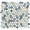 Oriental White Polished Marble Penny Round Mosaic Tile (Oriental White + Thassos + Blue)