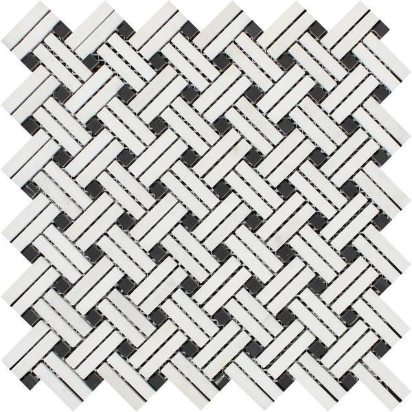 Thassos White Polished Marble Stanza Mosaic Tile w/ Black Dots