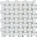 Thassos White Honed Marble Basketweave Mosaic Tile w/ Ming Green Dots
