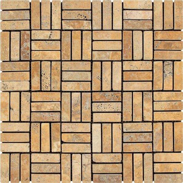 5/8x2 Tumbled Gold Travertine Triple-Strip Mosaic Tile